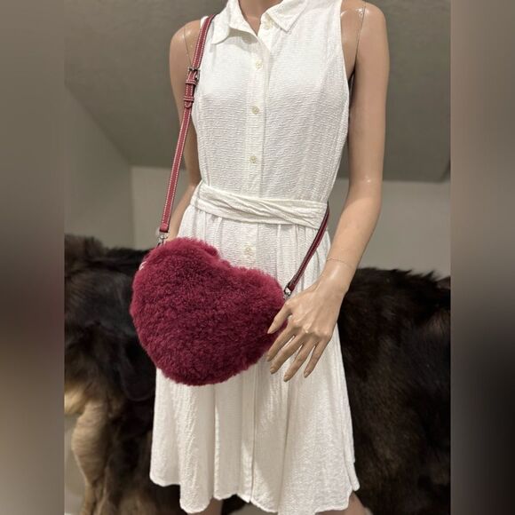 Maroon Handmade Dyed Genuine Shearling Heart Shaped & Fur Strap Bag, Crossbody - Picture 10 of 16